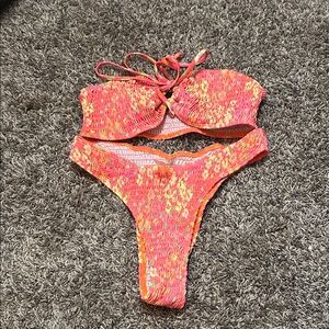 SHEIN Neon Orange Pink Smocked Bikini Set